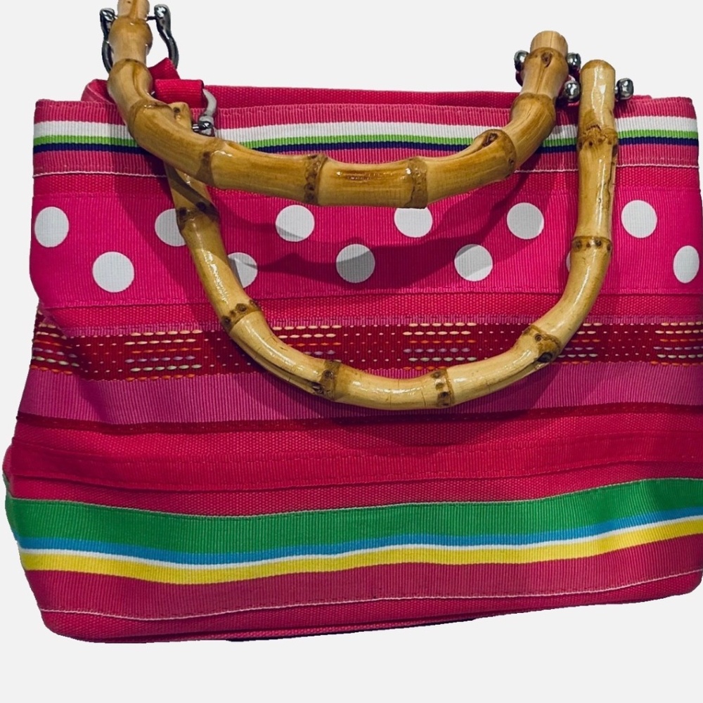 Mercer Madison Fun Colored Pink & White Polka Dot & Striped Bamboo Handled Tote